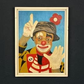 Painting portrait Sad Clown in the style of Naive art, oil, hardboard, Oto Dobovišek, Yugoslavia 1989s Folk Art