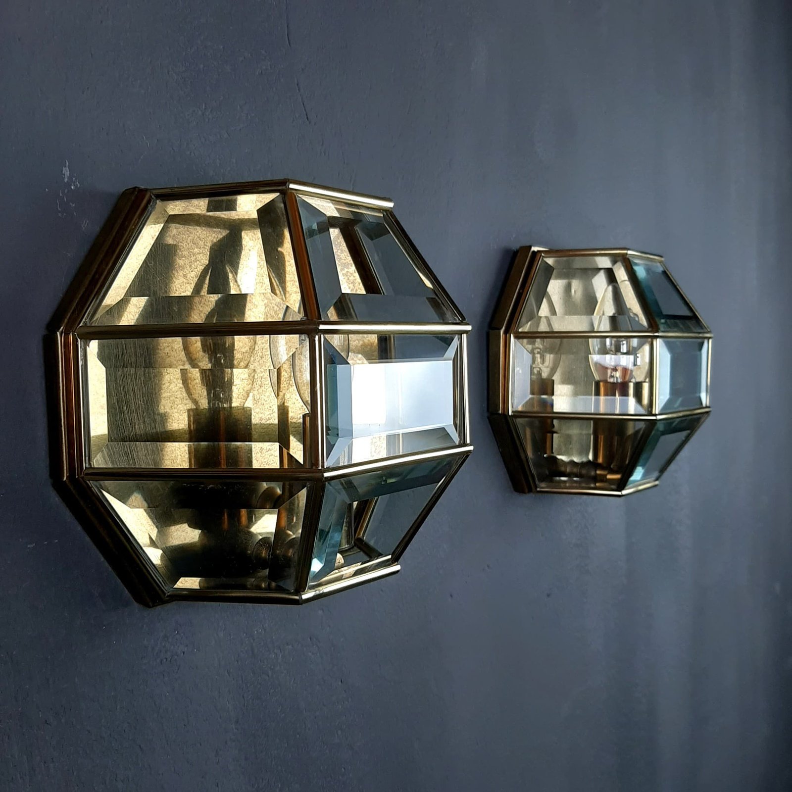 Pair of vintage diamond sconces Italy 1960s Gold brass hex crystal wall lamp