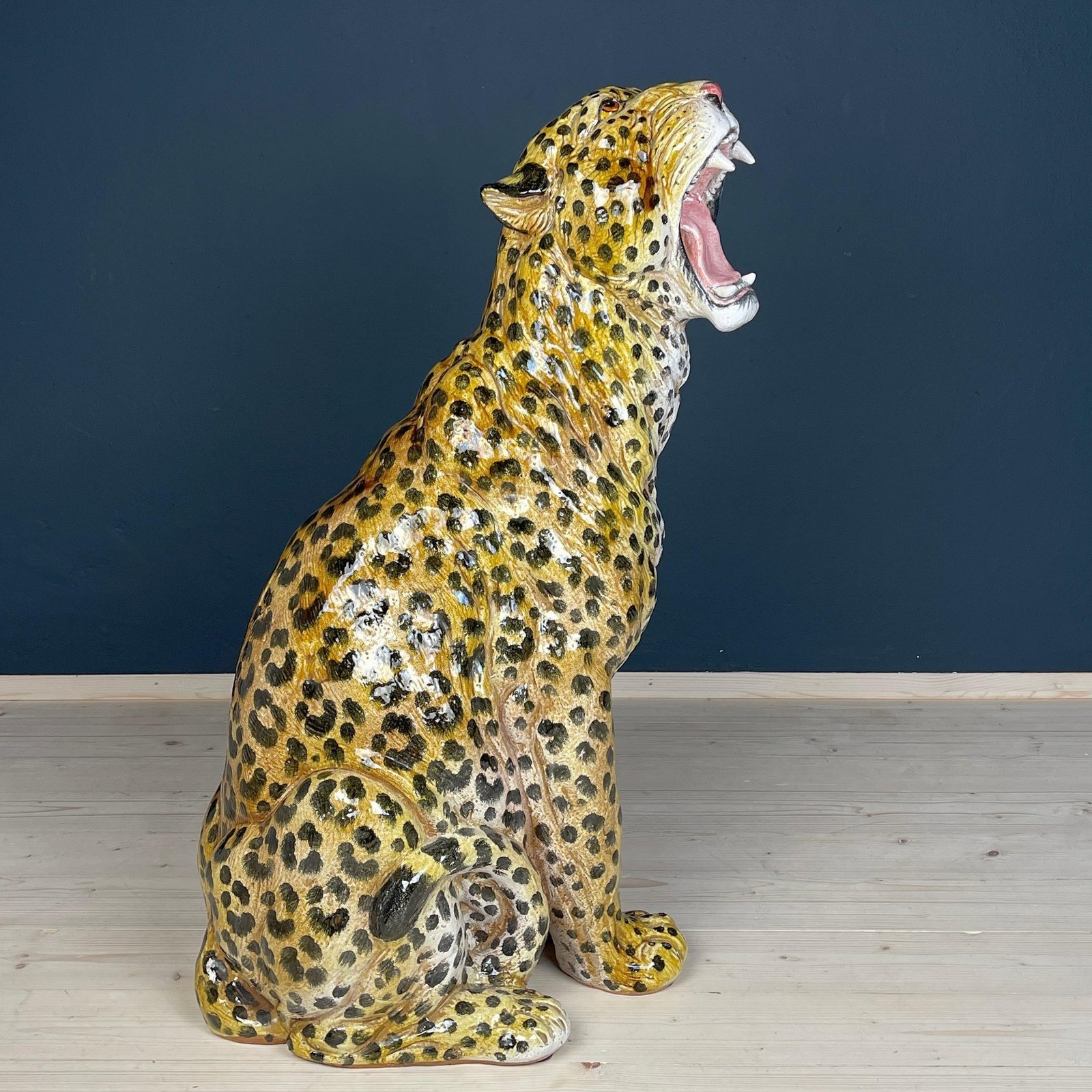 Large ceramic sculpture of Leopard Italy 1960s Vintage handpainted decor Italian terracotta florentine ceramic