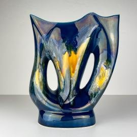 Vintage asymmetric blue ceramic vase Vallauris, France, 1970s