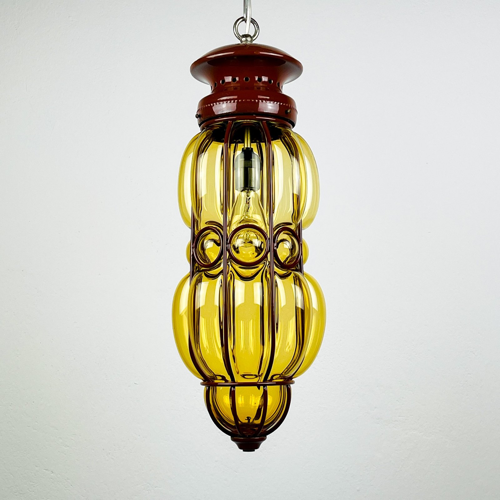 Venetian Yellow Murano Glass Caged Pendant Lamp, Italy 1940s