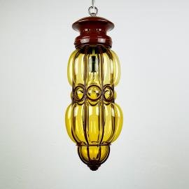 Venetian Yellow Murano Glass Caged Pendant Lamp, Italy 1940s