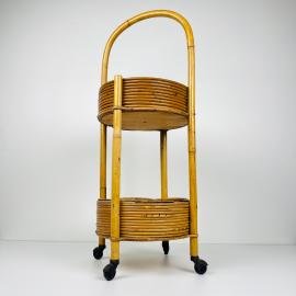 Vintage bamboo & rattan round service bar cart, Italy 1960s