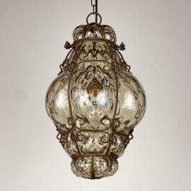 Venetian Murano Caged Glass Pendant Lamp, Italy 1940s