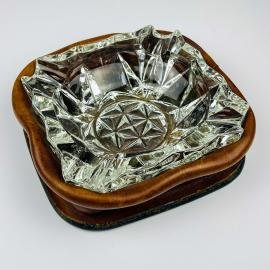 Original crystal glass and leather ashtray by Nova Tecno, Italy, 1970s