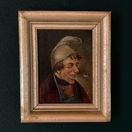 Antique painting Portrait "Man in a nightcap with a pipe" by G. Schill, canvas, oil, 1930s