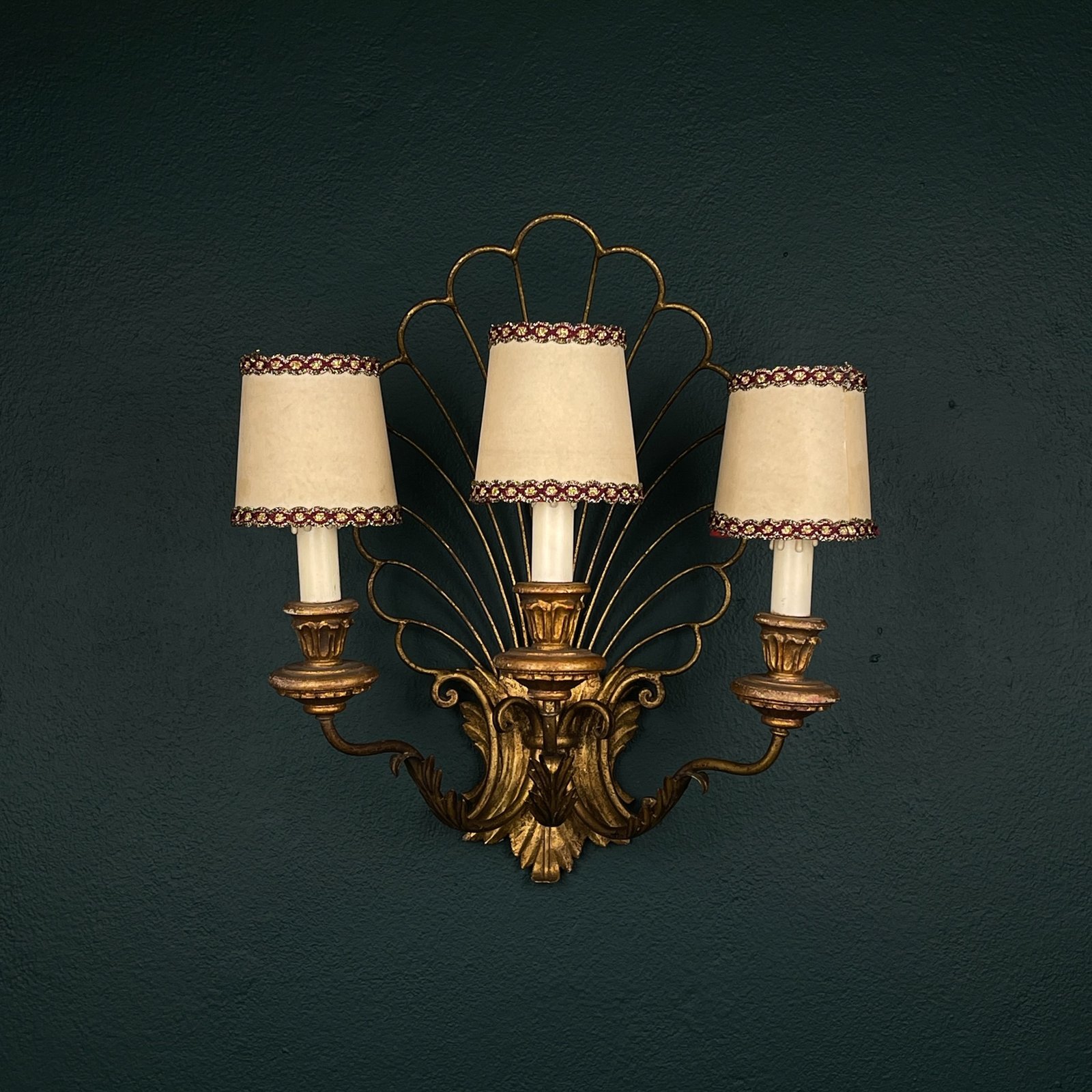 Antique bronze wall lamp 3 arm, Italy 1930s