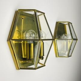 Hexagonal Gold Brass and Crystal Sconces, 1960s, Set of 2