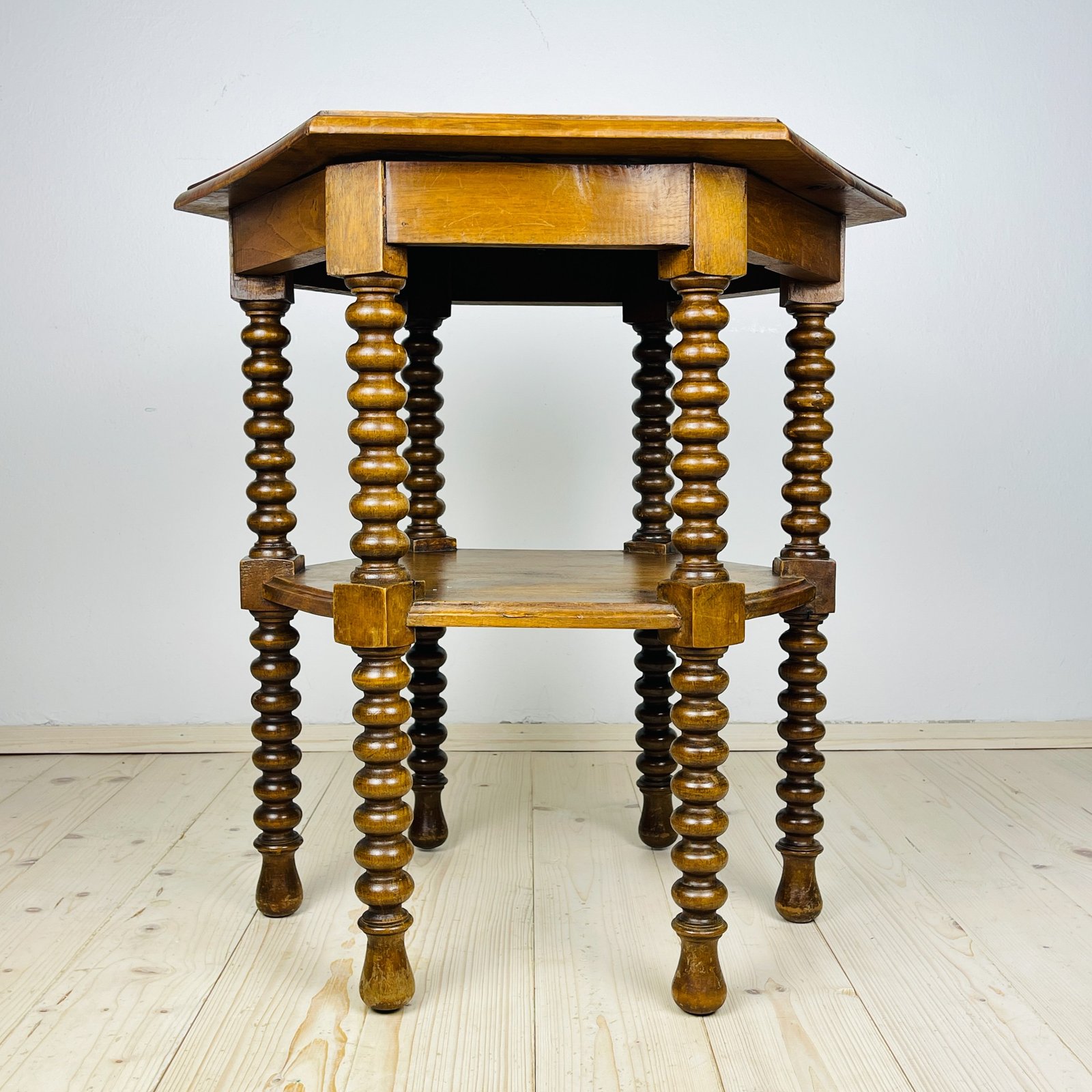 Antique Hexagonal Walnut Side Table, Italy, the Early 20th Century, Bobbin Turned Legs