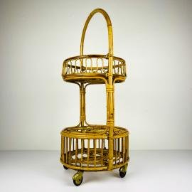 Vintage bamboo & rattan round service bar cart, Italy 1960s