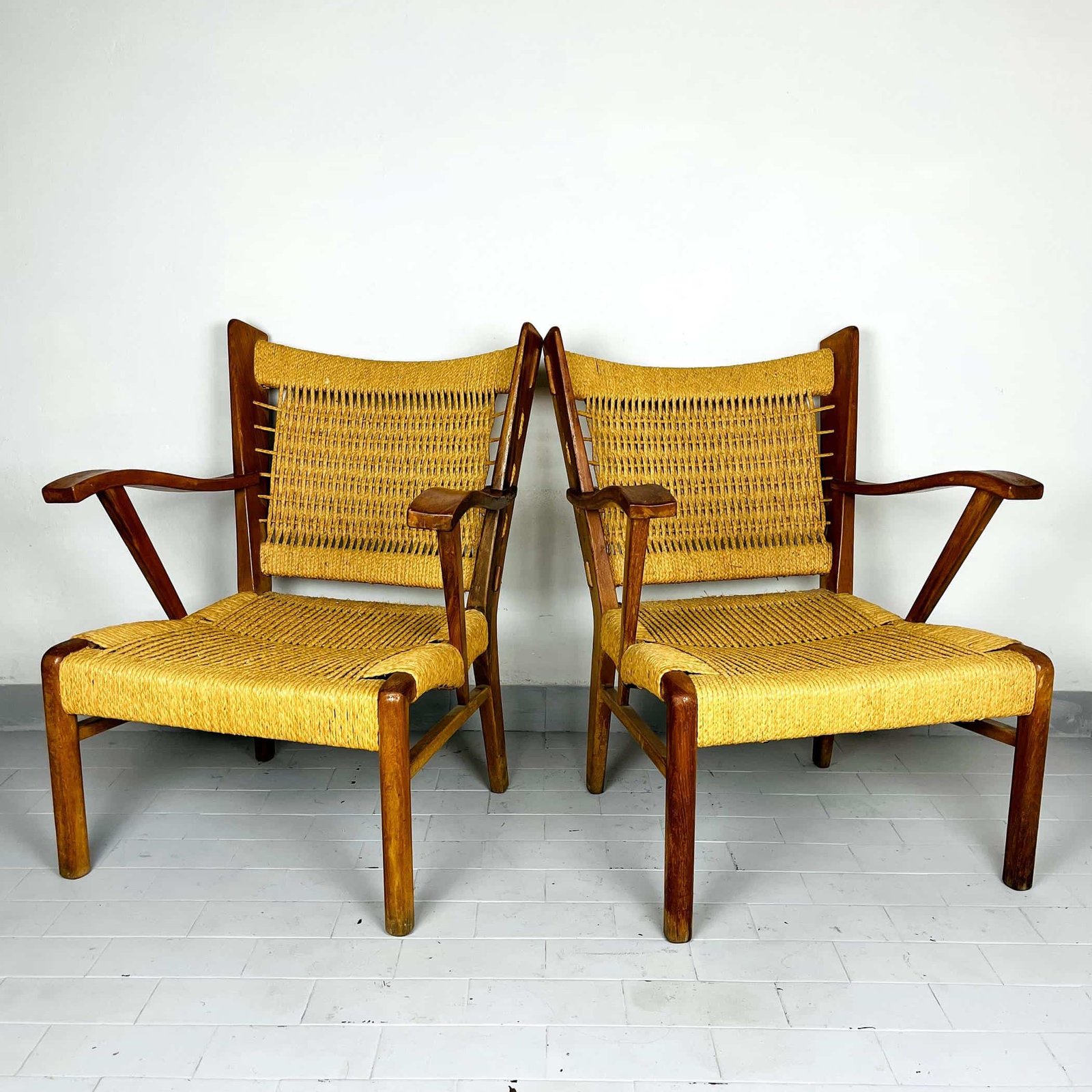 Pair of vintage patio lounge rope chairs Italy 1970s