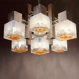 Cubic chandelier murano glass and chrome metal Mazzega Italy 1960s style by Gaetano Sciolari