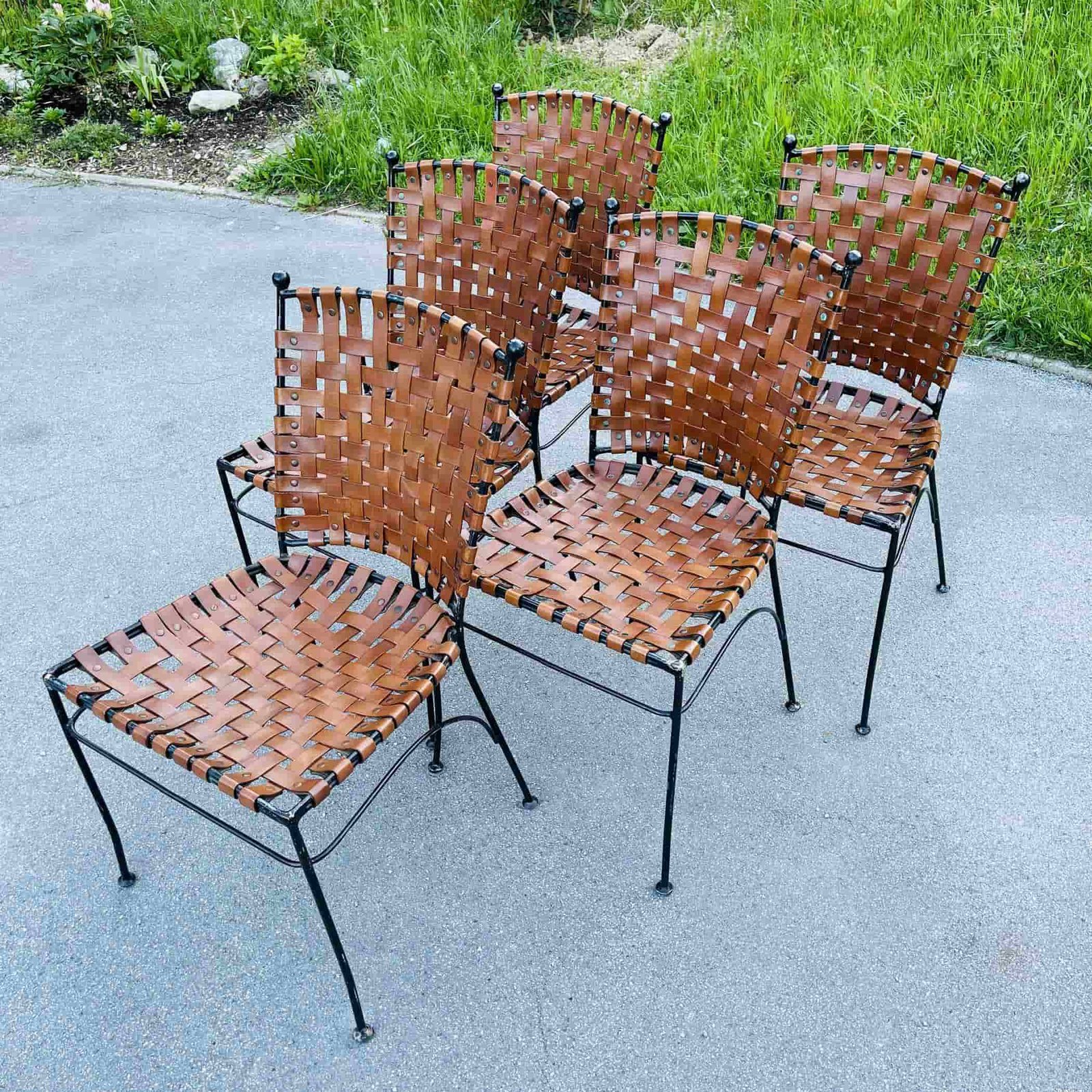 Set of 5 metal leather dining chairs Italy 1970s
