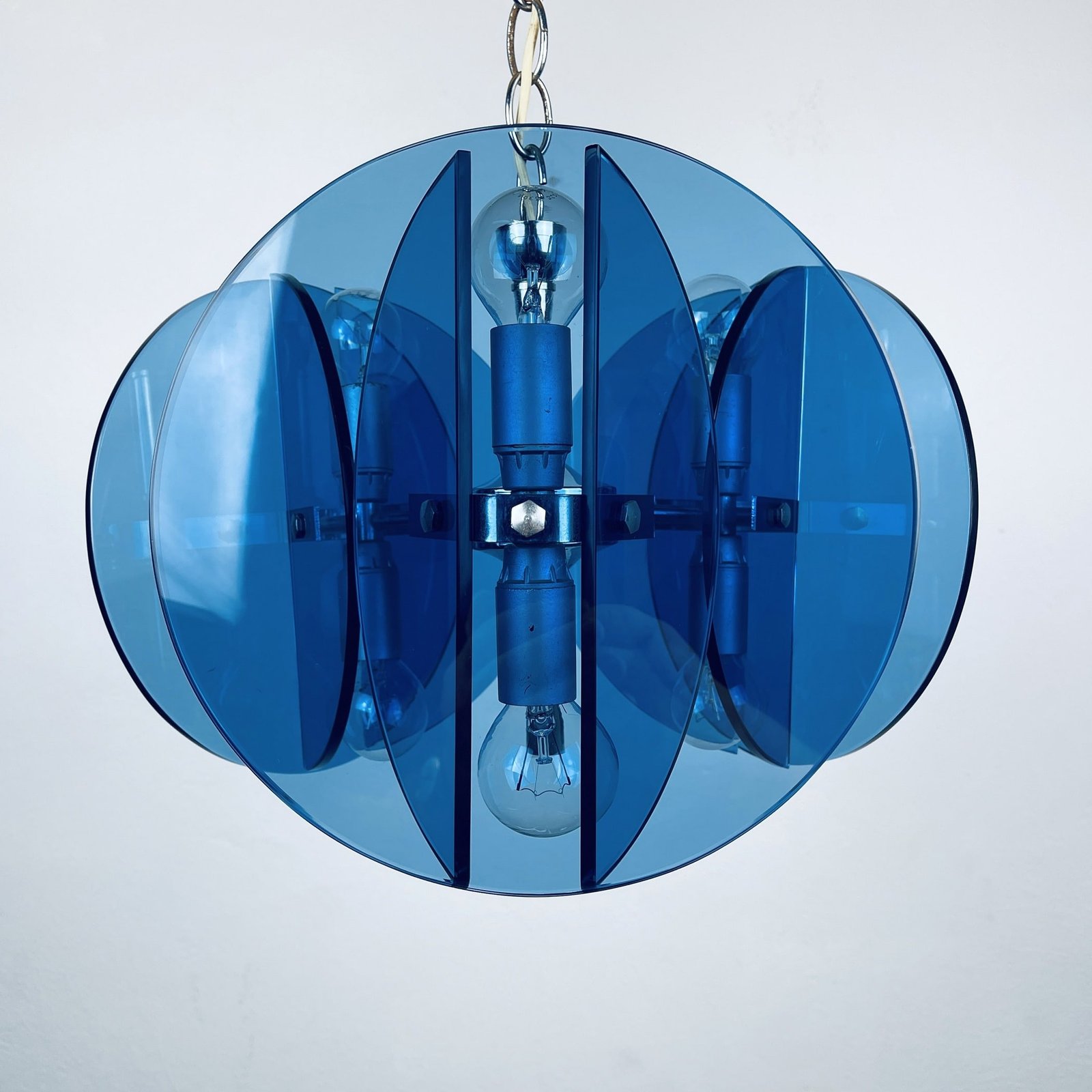 Mid-century blue pendant lamp Veca Fontana Arte Italy 1960s Space age sputnik atomic design Italian chandelier