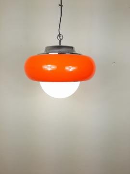 XL Mid-Century Pendant Lamp Vintage Ceiling Lamp Meblo For Guzzini 1970 Made in Italy Orange Ø 50 cm Space Age Modern Retro Hanging Light