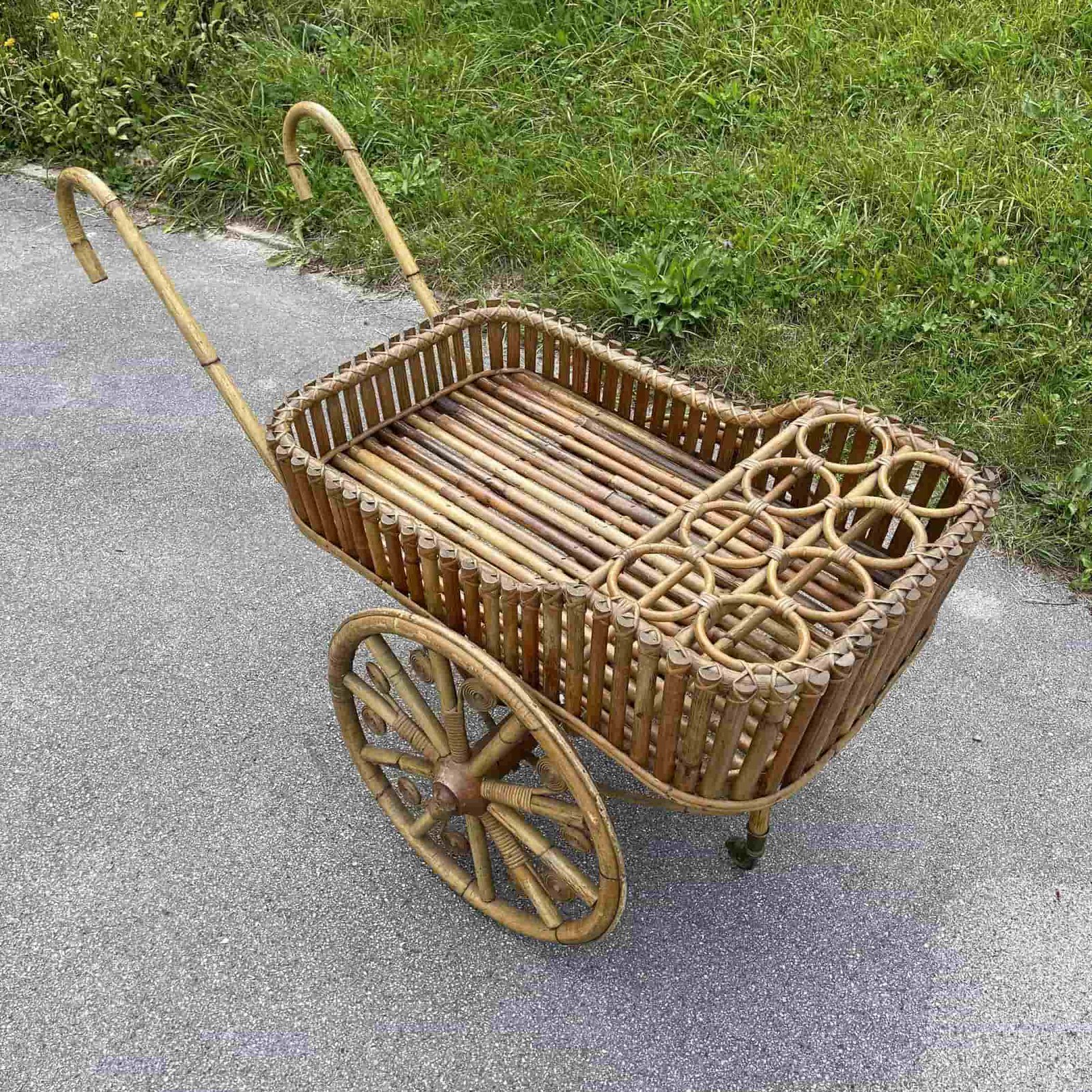 Rare vintage bamboo trolley bar Italy 1950s Mid-century serving bar cart