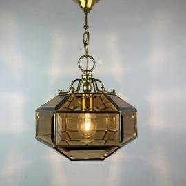 Vintage diamond pendant lamp Italy 1960s Gold brass hex crystal lamp