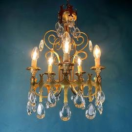 Vintage chandelier with crystal drops Italy 1960s 5 arms bronze and crystal italian chandelier