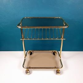 Mid-century side table or bar trolley Yugoslavia 1970s Gold and Smoked glass Vintage retro decor