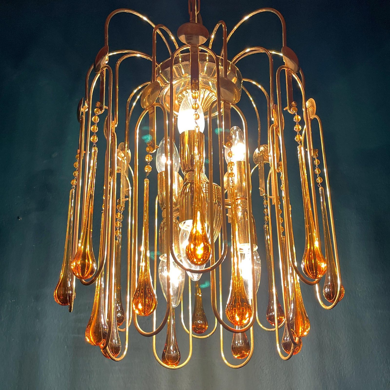 Vintage Murano Glass Drops Chandelier by Paolo Venini '60s Italy Gold Amber pendant lamp