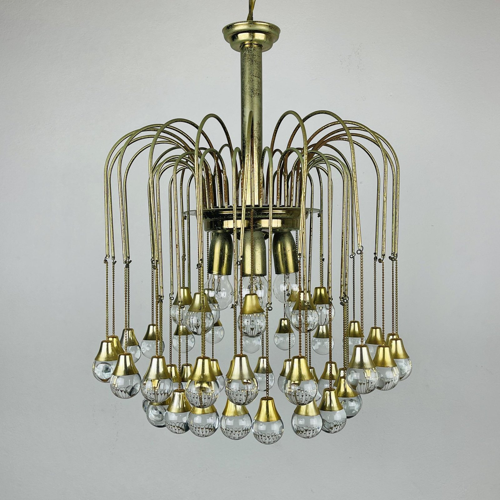 Vintage cascade glass chandelier Italy 1960s Brass and 48 glass balls