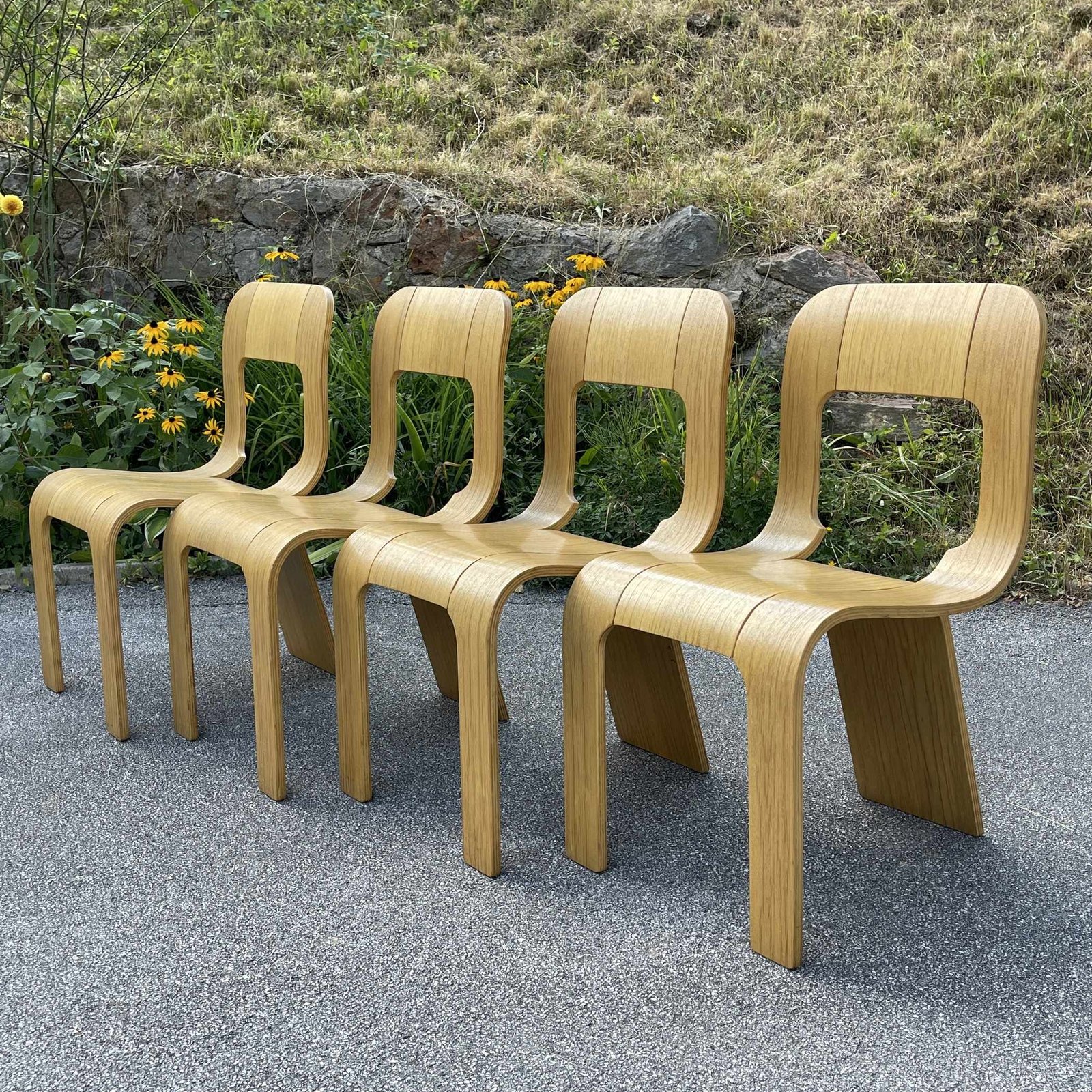 Set of 4 plywood dining chairs Esse by Gigi Sabadin for Stilwood Italy 1973s Mid-century modern stackable chairs