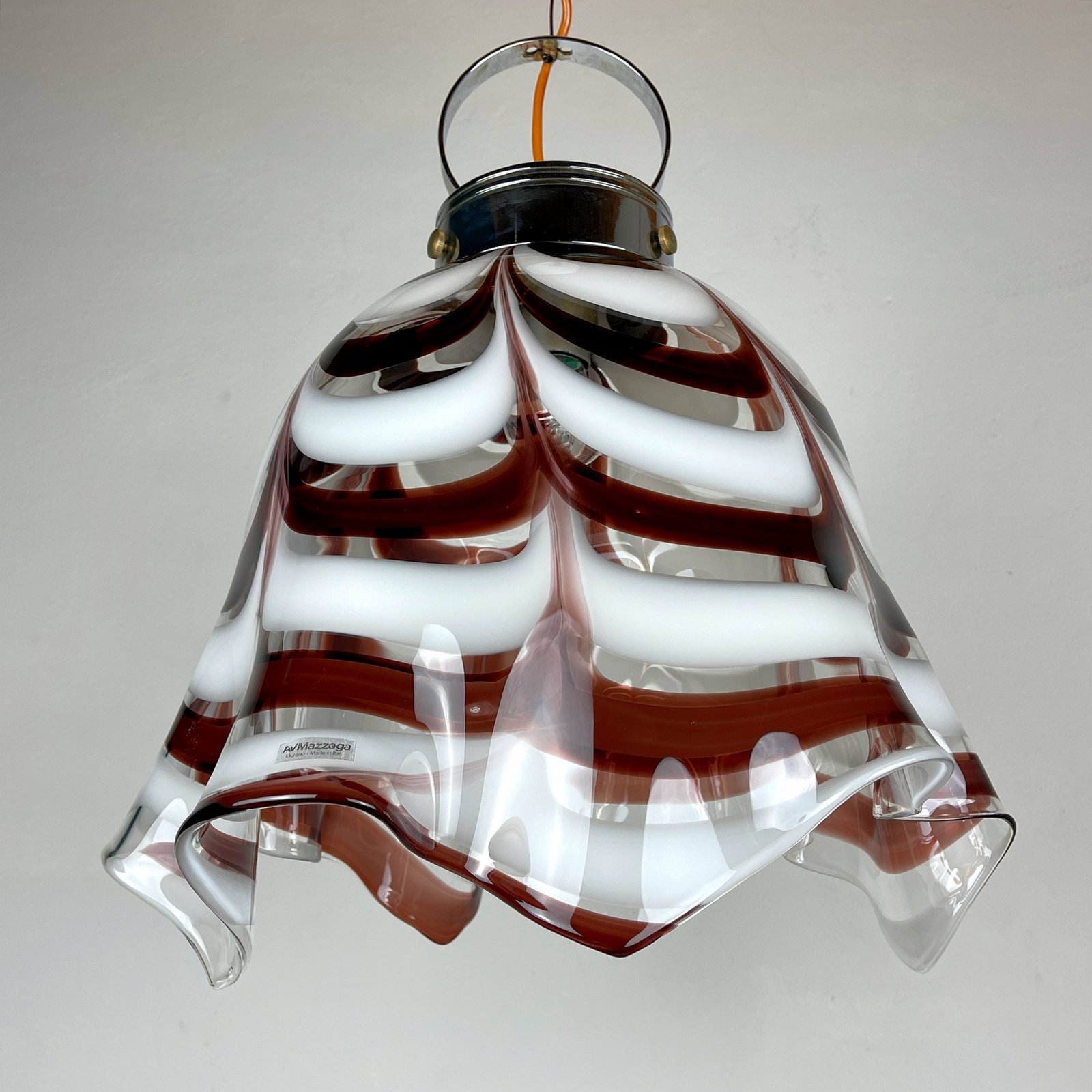 Original murano glass brown pendant lamp Fazzoletto by AV Mazzega Italy 1970s Vintage italian lighting
