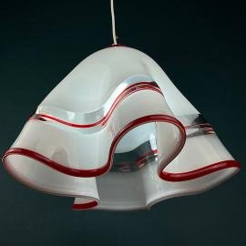 Vintage murano glass pendant lamp Fazzoletto Italy 1980s Mid-century lighting Retro home decor White and red lamp