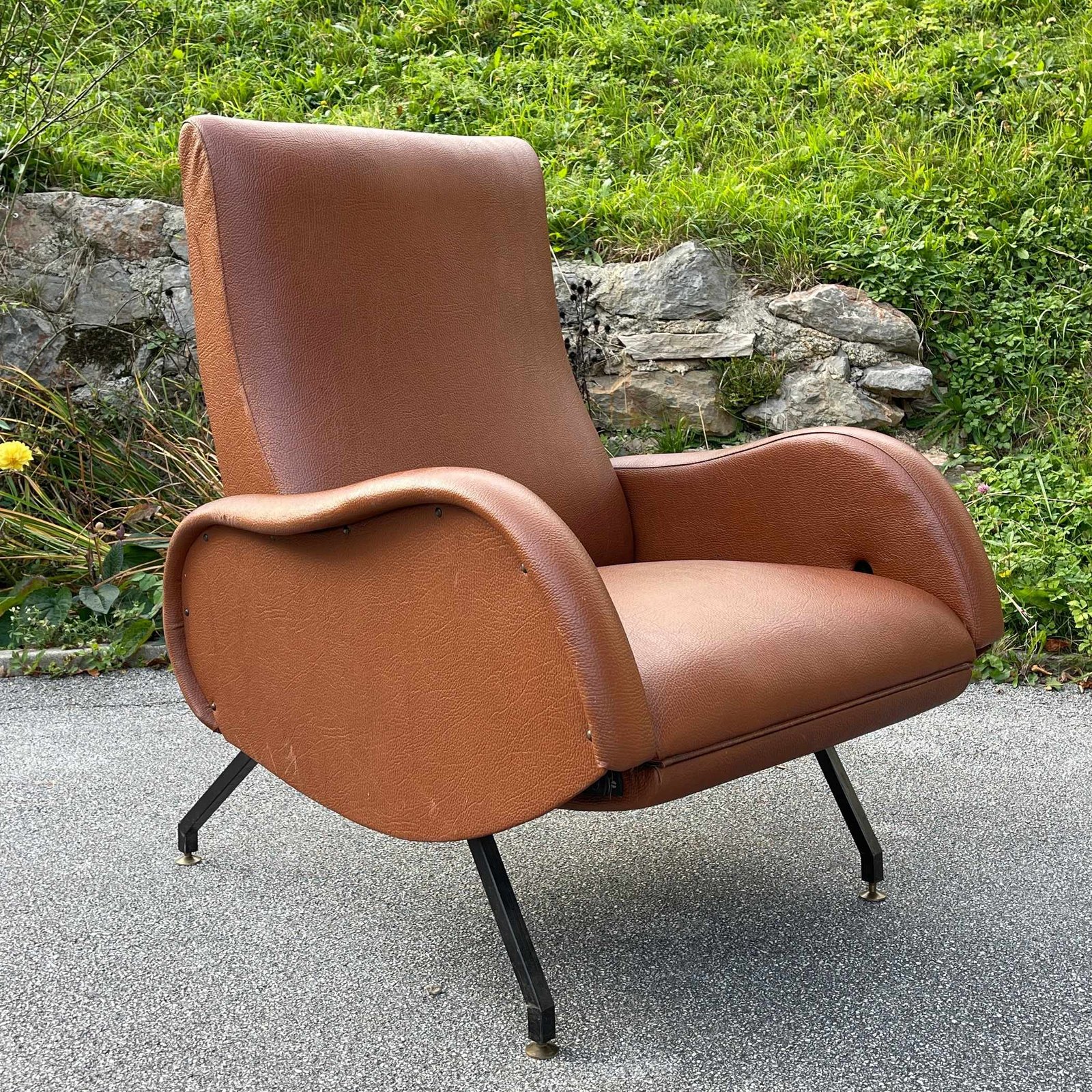 Mid-century modern brown armchair with footrest by Marco Zanuso Italy 1960s Vintage italian modern lounge recliner chair