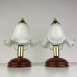 Pair of vintage murano night table lamp Italy 1980s Retro table lamps white and brown