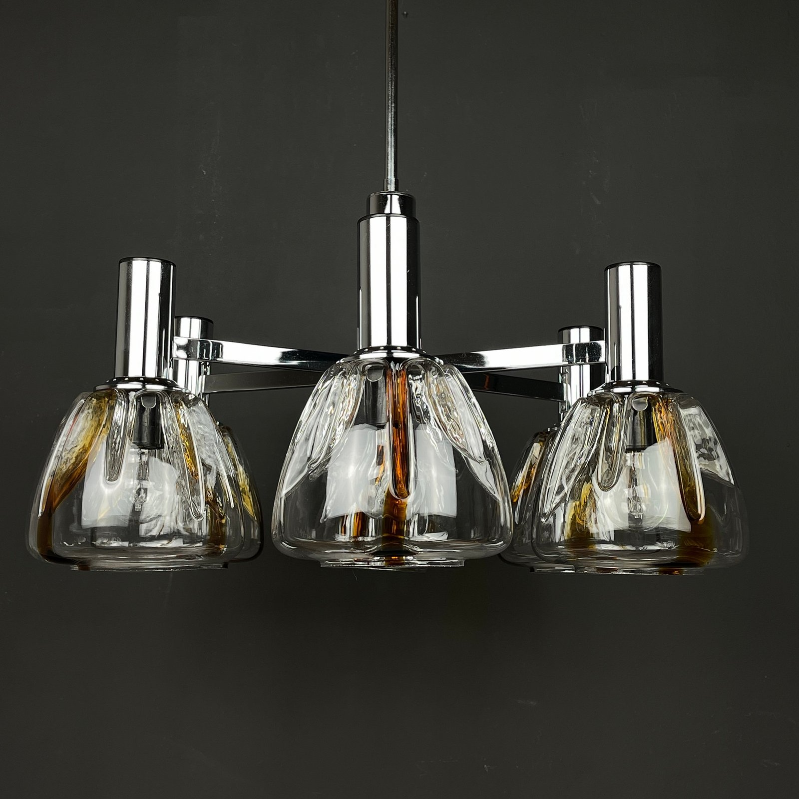 Mid-century murano glass chandelier by Targetti Sankey Italy 1980s Vintage space age lighting Metal and glass
