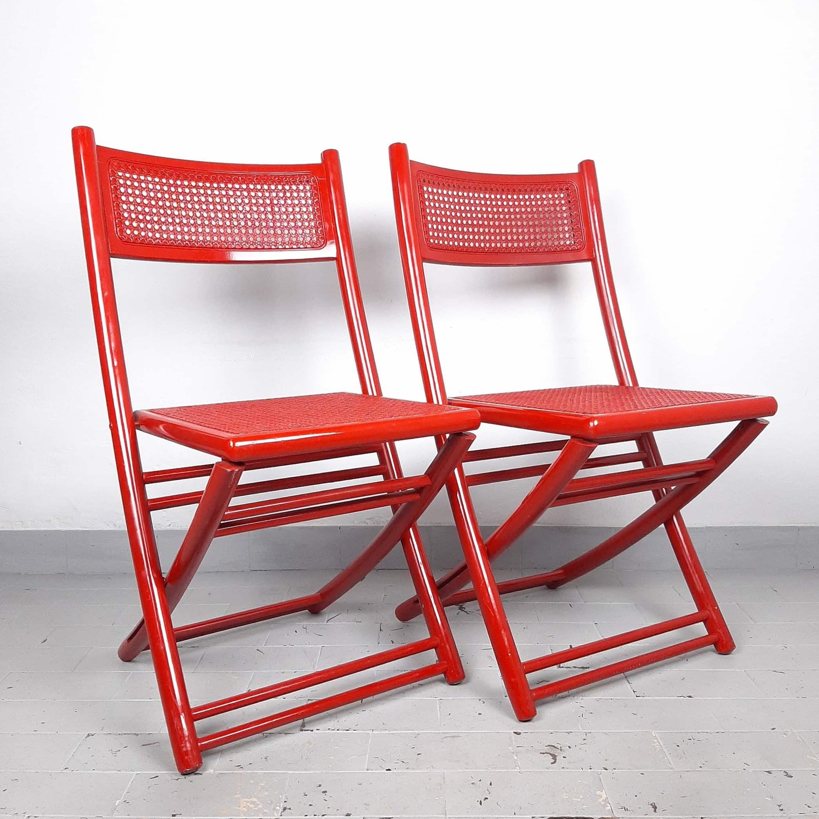 1 of 2 Retro red folding chair with rattan seat Italy 70s Mid-century wooden furniture