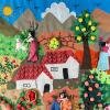 Patchwork painting "Apple picking" in the style of Naive art Italy 1980s Folk Art