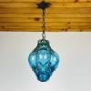 Original Venetian Blue Murano Caged Glass Pendant Lamp, Italy 1950s