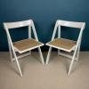 Pair of vintage white folding chair with rattan seat Italy 70s Mid-century wooden furniture
