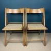 Pair of folding chairs with rattan seat Italy 1980s Mid-century wooden furniture